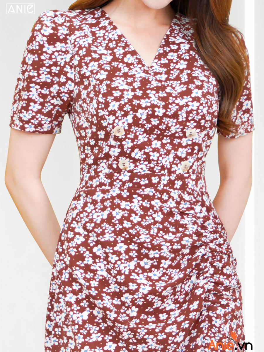 Đầm hoa nhí dáng xòe nhấn eo cổ V KK119-07 | Thời trang công sở K&K Fashion