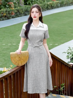Đầm Sơ Mi Xám Trắng Đai Liền
