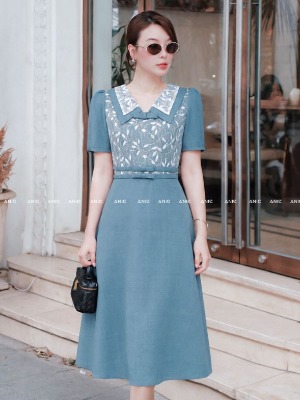 Đầm Xanh Cổ Cách Điệu Phối Ren