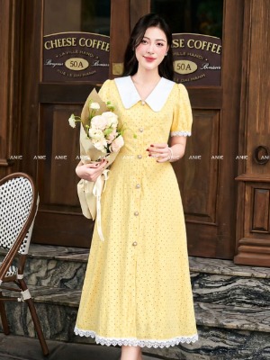 Đầm Chấm Bi Vàng Ren Tay