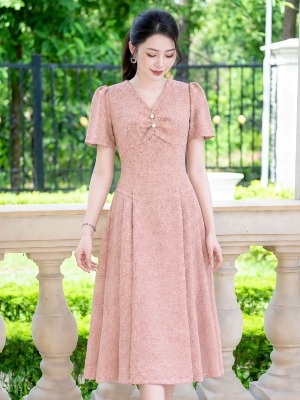 Đầm Hồng Đan Sợi Xếp Ly 