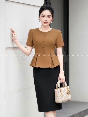 Đầm Liền Peplum Nâu Đen