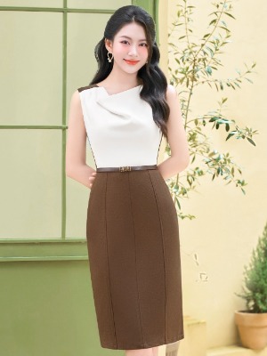 Đầm Liền Cổ Rũ Trắng Nâu Ari