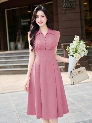 Đầm Xòe Ly Cổ Sơ Mi Đính Cúc