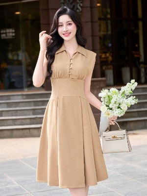 Đầm Xòe Ly Cổ Sơ Mi Đính Cúc