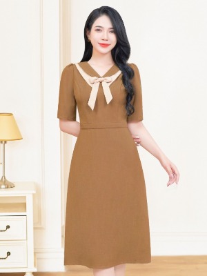 Đầm Nâu Cổ Sen Cột Nơ