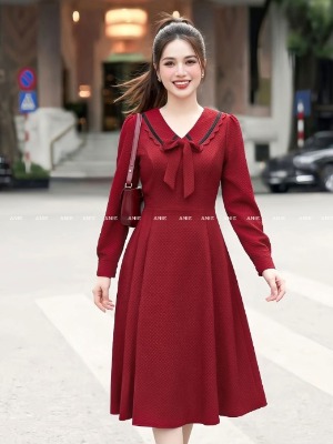 Đầm Xoè Tay Dài Viền Nơ Cổ