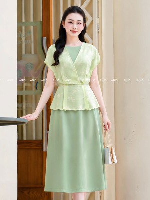 Đầm Xanh Bơ Phối Tơ Hoa