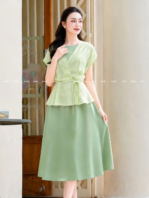 Đầm Xanh Bơ Phối Tơ Hoa