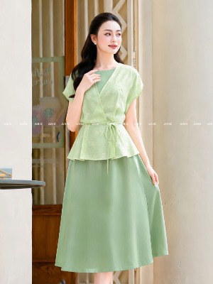 Đầm Xanh Bơ Phối Tơ Hoa