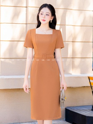 Đầm Cổ Vuông Đai Eo Orange