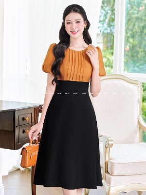 Đầm Liền Tay Bồng Sắc Cam  