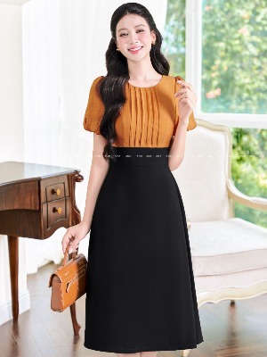 Đầm Liền Tay Bồng Sắc Cam  