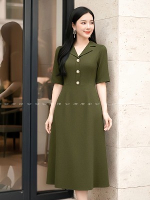 Đầm Tay Lỡ Đính Nút Xanh Rêu