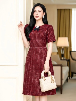 Đầm Tweed Đỏ Ánh Sợi Vàng