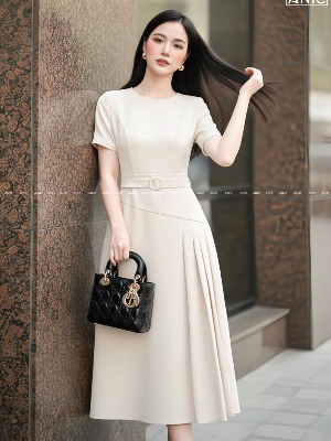 Đầm Xếp Ly Đai Liền Xám Be