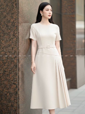 Đầm Xếp Ly Đai Liền Xám Be