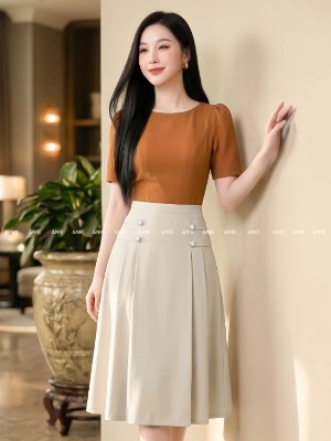 Đầm Liền Xếp Ly Cam Be