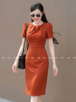 Đầm Cam Carrot Nơ Cổ 