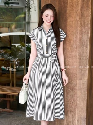 Đầm Cột Đai Eo Sọc Xám
