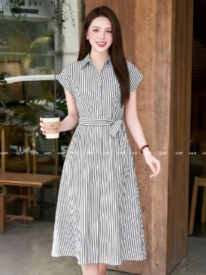 Đầm Cột Đai Eo Sọc Xám