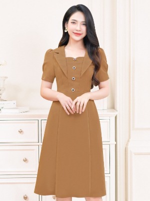 Đầm Nâu Cổ Vest Cách Điệu