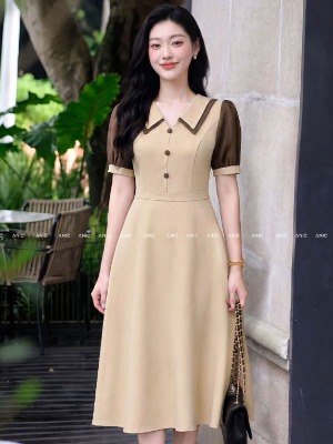 Đầm Be Nâu Cổ V Tay Bồng