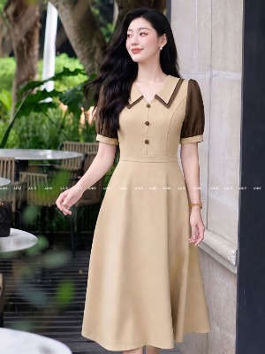 Đầm Be Nâu Cổ V Tay Bồng