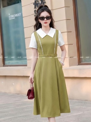 Đầm Xanh Oliu Cổ Sen Trắng