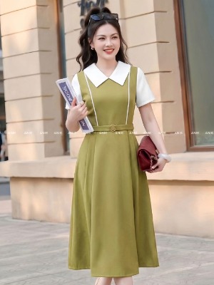 Đầm Xanh Oliu Cổ Sen Trắng