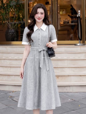 Đầm Xám Trắng Thắt Nơ Woody