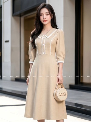 Đầm Kem Tay Lỡ Cổ Sen