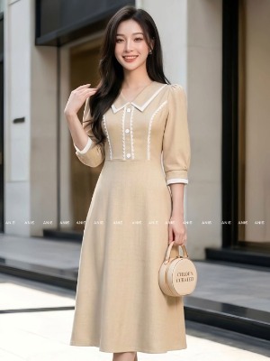 Đầm Kem Tay Lỡ Cổ Sen