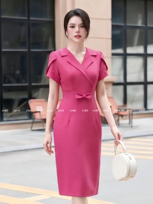 Đầm Cổ Vest Hồng Nơ Eo