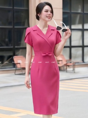 Đầm Cổ Vest Hồng Nơ Eo