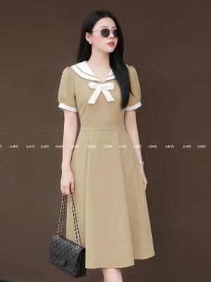 Đầm Viền Bèo Nơ Cổ Nâu Tây