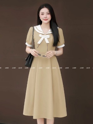 Đầm Viền Bèo Nơ Cổ Nâu Tây