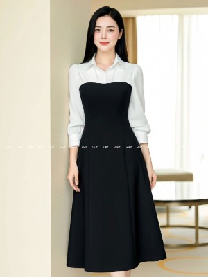 Đầm Sơ Mi Đen Trắng Tay Dài Tơ Gân