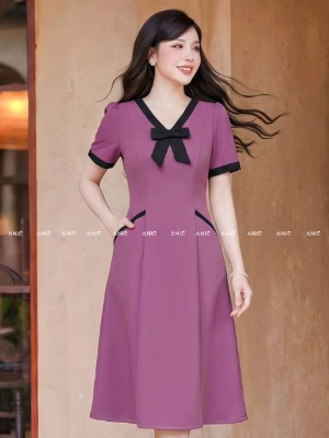 Đầm Suông Tím Cột Nơ
