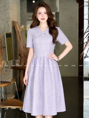 Đầm Sọc Cổ Viền Ren Tím Pastel