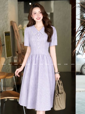 Đầm Sọc Cổ Viền Ren Tím Pastel