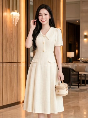 Đầm Kem Xếp Ly Đính Cúc Gold