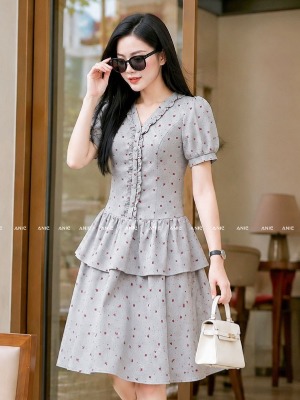 Đầm Xoè Tầng Babi Nơ Nhí Đỏ