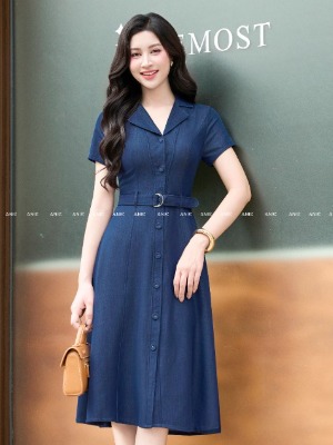 Đầm Xanh Denim Cổ Sơ Mi