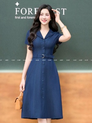 Đầm Xanh Denim Cổ Sơ Mi