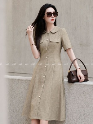 Đầm Cổ Sen Nâu Xám Gỗ