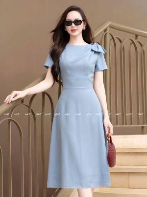Đầm Cổ Tròn Xanh Nơ Vai 