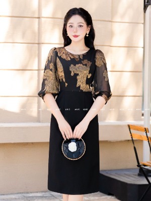 Đầm Liền Tay Lỡ Phối Tơ Hoa Văn