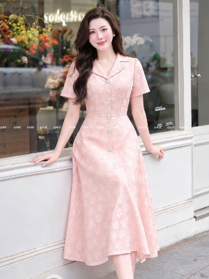 Đầm Hồng Sơ Mi Hoa Nổi 