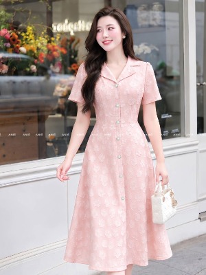 Đầm Hồng Sơ Mi Hoa Nổi 